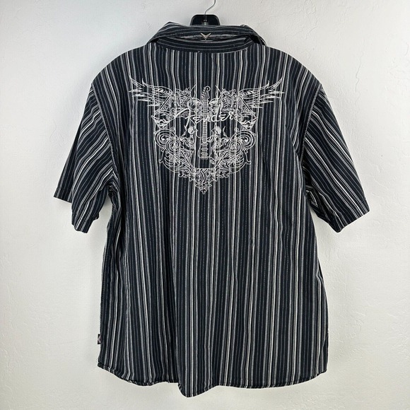 Fender Rock & Roll Religion Shirt Men XL Black Pinstriped Short Sleeve Button Up - Picture 2 of 11